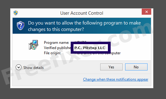 Screenshot where P.C. Pitstop LLC appears as the verified publisher in the UAC dialog